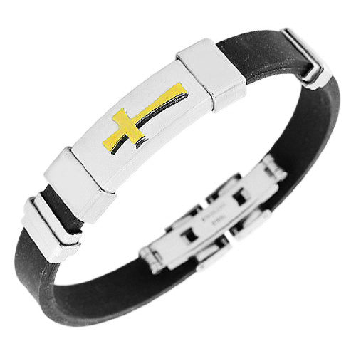Stainless Steel Black Rubber Silicone Two-Tone Religious Cross Men's Bracelet