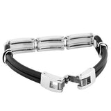 Stainless Steel Black Rubber Silver-Tone Twisted Cable Men's Clasp Bracelet