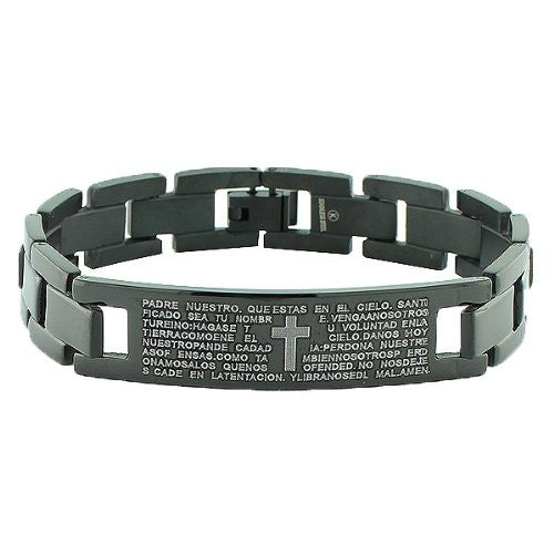 Stainless Steel Black Link Chain Religious Cross Spanish Prayer Men's Bracelet