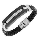 Stainless Steel Black Faux PU Leather Silver-Tone Greek Key Men's Bracelet