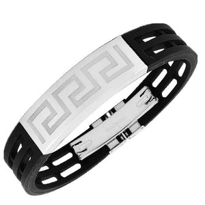 Stainless Steel Black Rubber Silicone Silver-Tone Greek Key Men's Bracelet