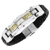 Stainless Steel Black Leather Two-Tone Greek Key Men's Bracelet