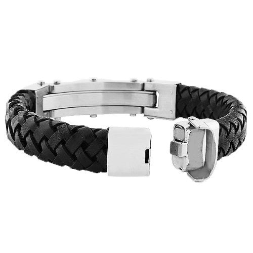 Stainless Steel Black Leather Two-Tone Greek Key Men's Bracelet