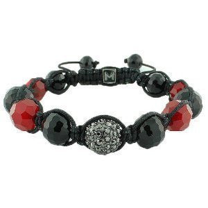 Red Black CZ Ball Beaded Adjustable Simulated Onyx Macrame Bracelet