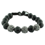 Black White CZ Ball Beaded Adjustable Simulated Onyx Macrame Bracelet