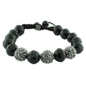 Black White CZ Ball Beaded Adjustable Simulated Onyx Macrame Bracelet