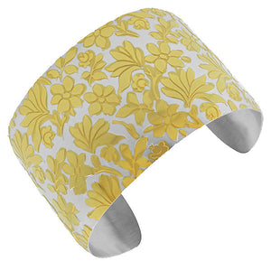 Stainless Steel Multi-Tone Flowers Floral Design Open End Wide Cuff Bangle Bracelet