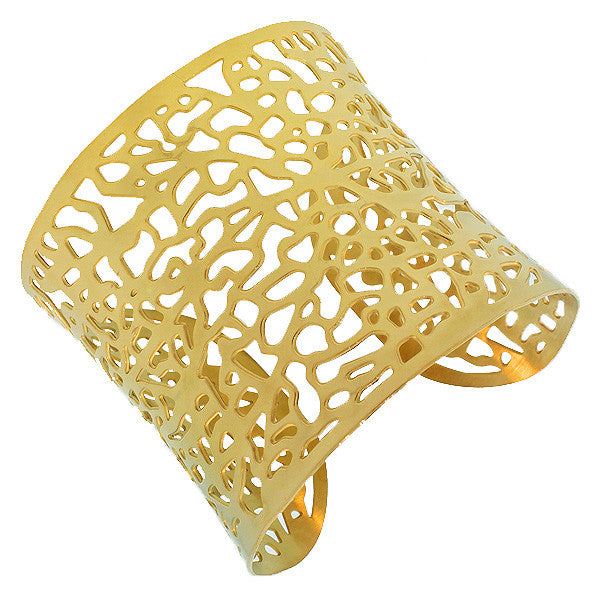 Stainless Steel Yellow Gold-Tone Cut Out Design Open End Wide Cuff Bangle Bracelet