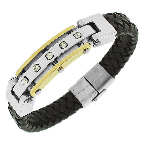 Stainless Steel Brown Leather Two-Tone White CZ Men's Bracelet