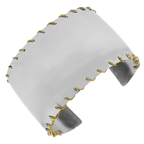Stainless Steel Two-Tone Stitching Open End Wide Cuff Bangle Bracelet