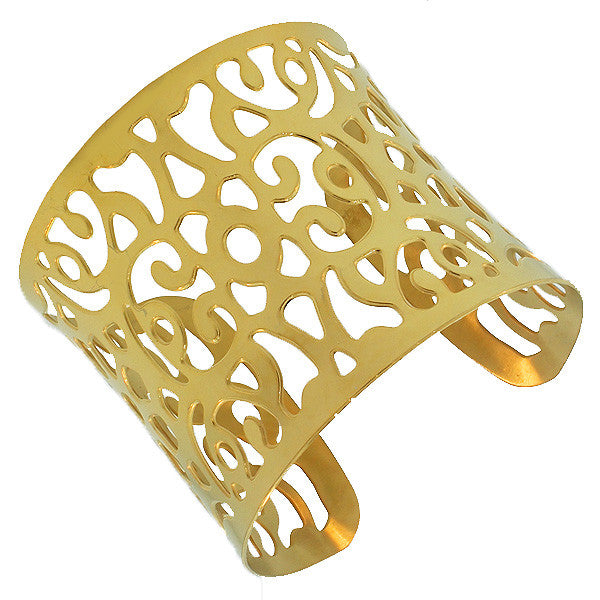 Stainless Steel Yellow Gold-Tone Cut Out Design Open End Wide Cuff Bangle Bracelet