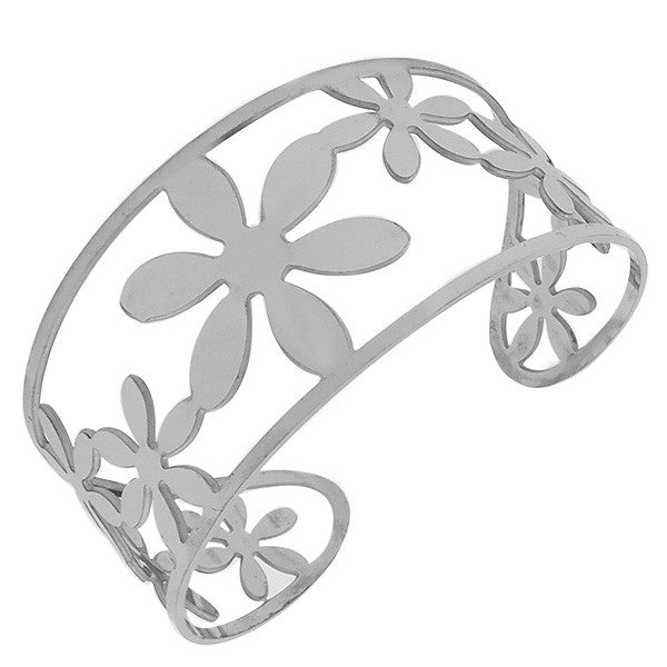 Stainless Steel Silver-Tone Flowers Floral Daisy Design Open End Cuff Bangle Bracelet