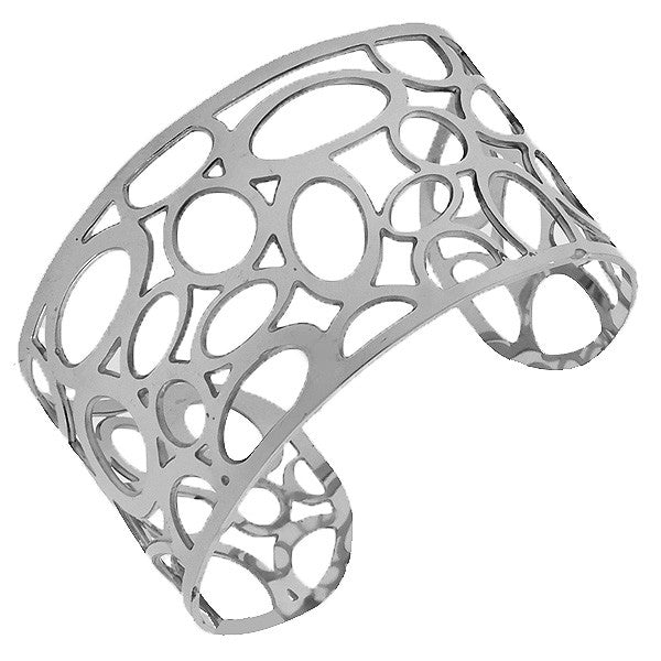Stainless Steel Silver-Tone Cut Out Oval Pebble Design Open End Cuff Bangle Bracelet