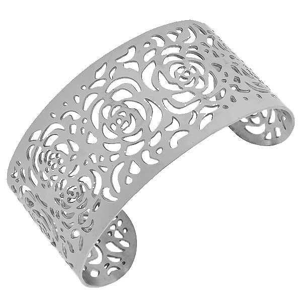 Stainless Steel Silver-Tone Flowers Floral Rose Design Open End Cuff Bangle Bracelet