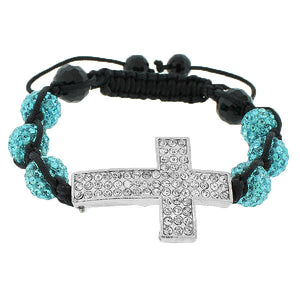 Blue White CZ Ball Cross Beaded Adjustable Simulated Onyx Macrame Bracelet
