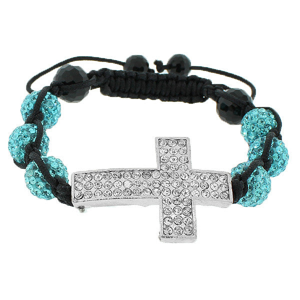 Blue White CZ Ball Cross Beaded Adjustable Simulated Onyx Macrame Bracelet