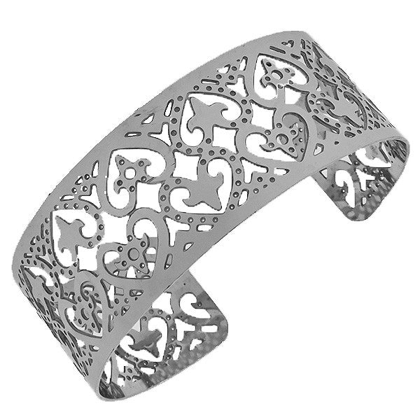 Stainless Steel Silver-Tone Love Heart Design Open End Cuff Bangle Bracelet