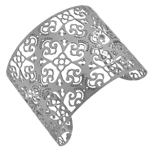 Stainless Steel Silver-Tone Cut Out Design Open End Wide Cuff Bangle Bracelet