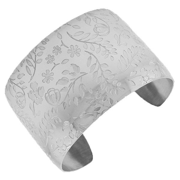 Stainless Steel Silver-Tone Flowers Floral Design Open End Wide Cuff Bangle Bracelet