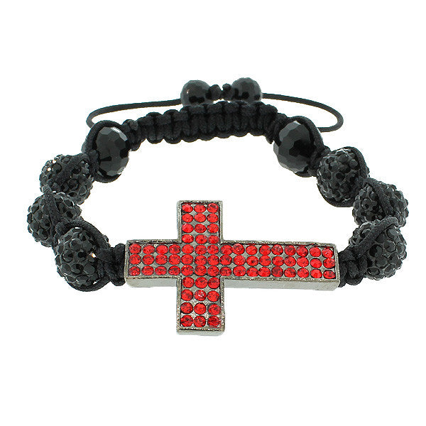 Black Red CZ Ball Cross Beaded Adjustable Simulated Onyx Macrame Bracelet