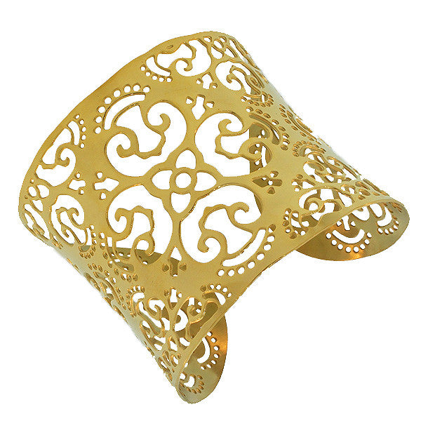 Stainless Steel Yellow Gold-Tone Cut Out Design Open End Wide Cuff Bangle Bracelet