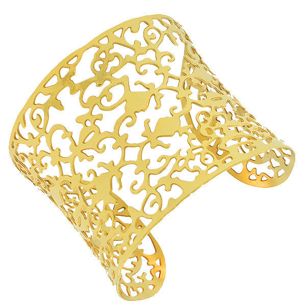 Stainless Steel Yellow Gold-Tone Cut Out Design Open End Wide Cuff Bangle Bracelet