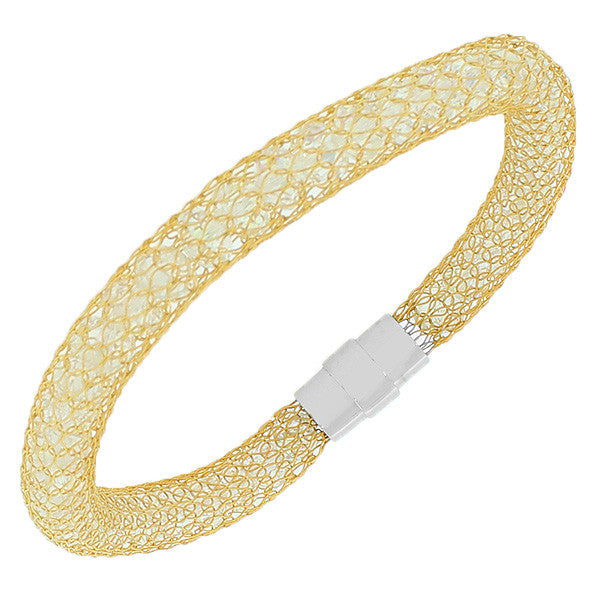 Stainless Steel Yellow Gold-Tone Multicolor CZ Mesh Bracelet