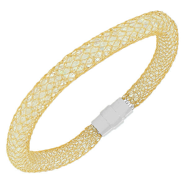 Stainless Steel Yellow Gold-Tone Multicolor CZ Mesh Bracelet