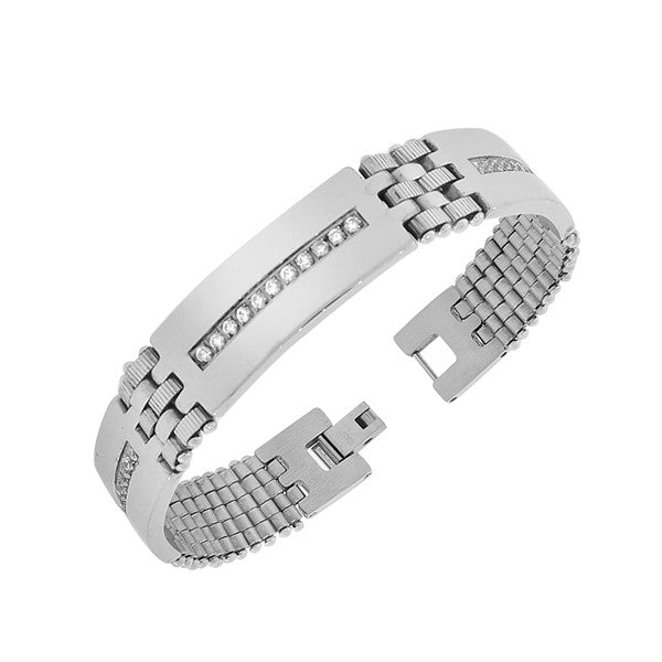 Stainless Steel Silver-Tone Link Chain White Round CZ Men's Bracelet