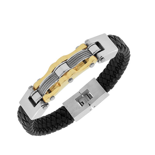 Stainless Steel Black Braided Leather Two-Tone Men's Bracelet