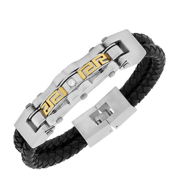 Stainless Steel Black Leather Two-Tone White CZ Greek Key Men's Bracelet