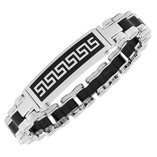Stainless Steel Black Silver-Tone Greek Key Men's Handcuff Bracelet