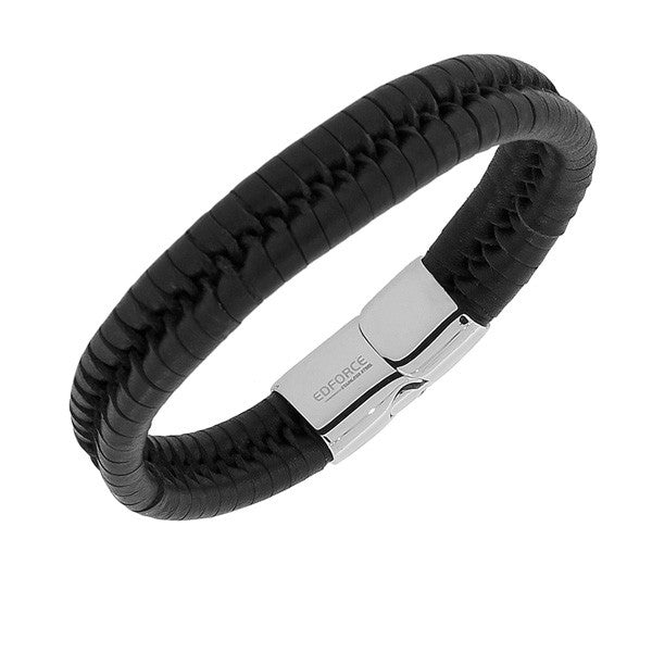 Stainless Steel Black Faux PU Leather Silver-Tone Wristband Men's Bracelet