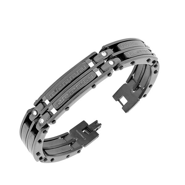 Stainless Steel Black Greek Key White CZ Link Men's Bracelet