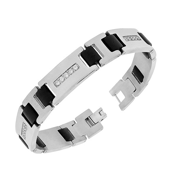 Stainless Steel Black Silver-Tone Link White CZ Men's Bracelet