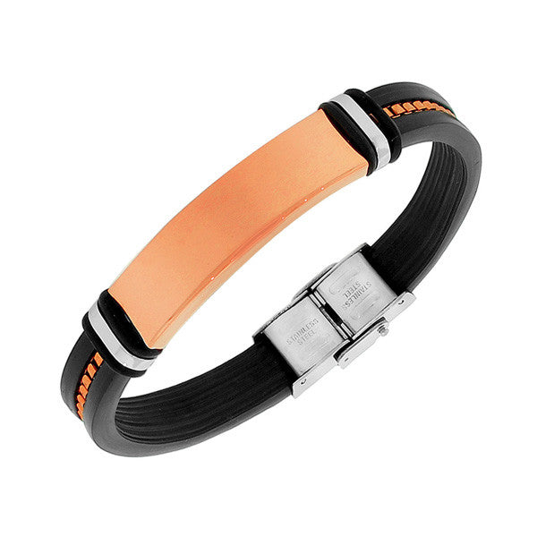 Stainless Steel Black Rubber Silicone Rose Gold-Tone Chain Men's Bracelet