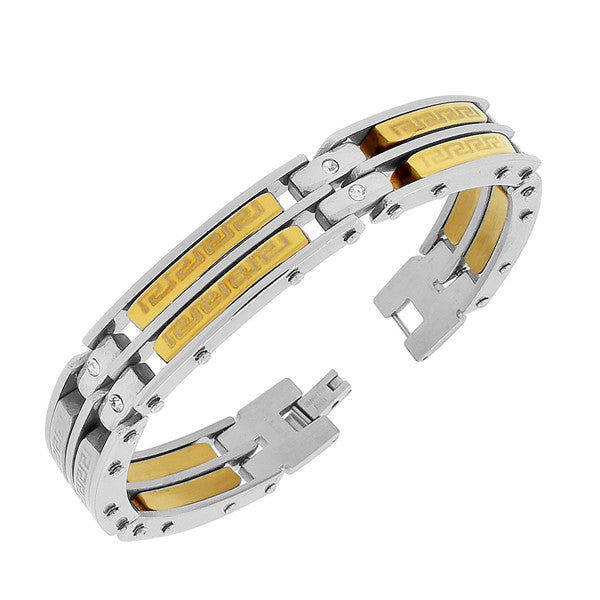 Stainless Steel Two-Tone Greek Key White CZ Link Men's Bracelet