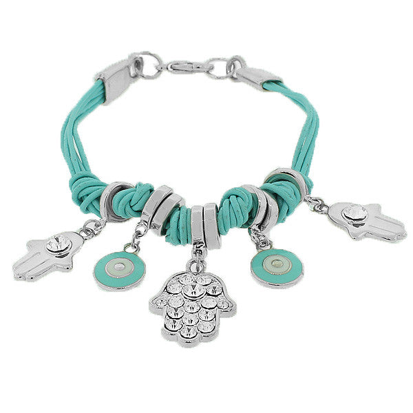 Fashion Alloy White CZ Blue Silver-Tone Evil Eye Hamsa Bracelet