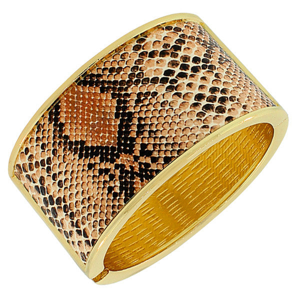 Fashion Alloy Yellow Gold-Tone Black Brown Snake Skin Python Large Wide Cuff Bangle Bracelet