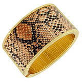 Fashion Alloy Yellow Gold-Tone Black Brown Snake Skin Python Large Wide Cuff Bangle Bracelet