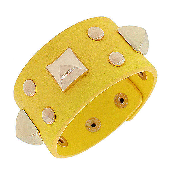 Fashion Alloy Yellow Faux PU Leather Rose Gold-Tone Spikes Wide Wristband Wrap Bracelet