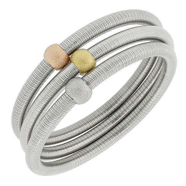 Stainless Steel Silver-Tone Three Stackable Bangles Bracelets Set