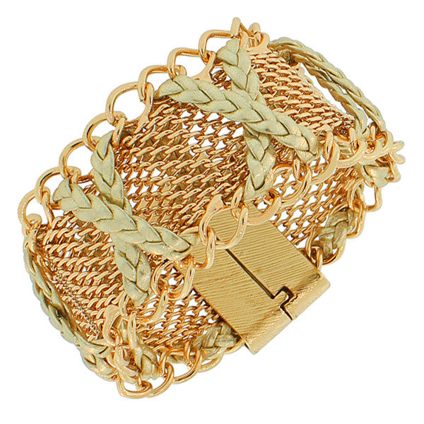 Fashion Alloy Yellow Gold-Tone Braided Mesh Chain Wide Bracelet