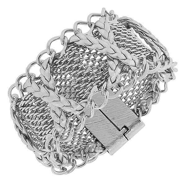 Fashion Alloy Silver-Tone Braided Mesh Chain Wide Bracelet