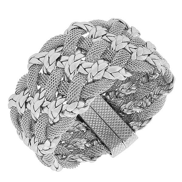 Fashion Alloy Silver-Tone Braided Mesh Chain Wide Bracelet