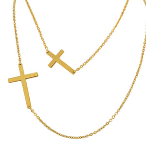 Stainless Steel Yellow Gold-Tone Long Double Chain Two Sideways Cross Pendant Necklace