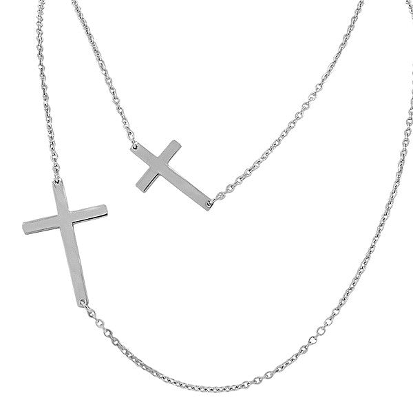 Stainless Steel Silver-Tone Long Double Chain Two Sideways Cross Pendant Necklace