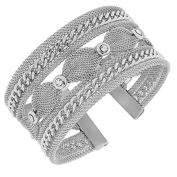 Fashion Alloy Silver-Tone White CZ Mesh Chain Open End Wide Cuff Bangle Bracelet