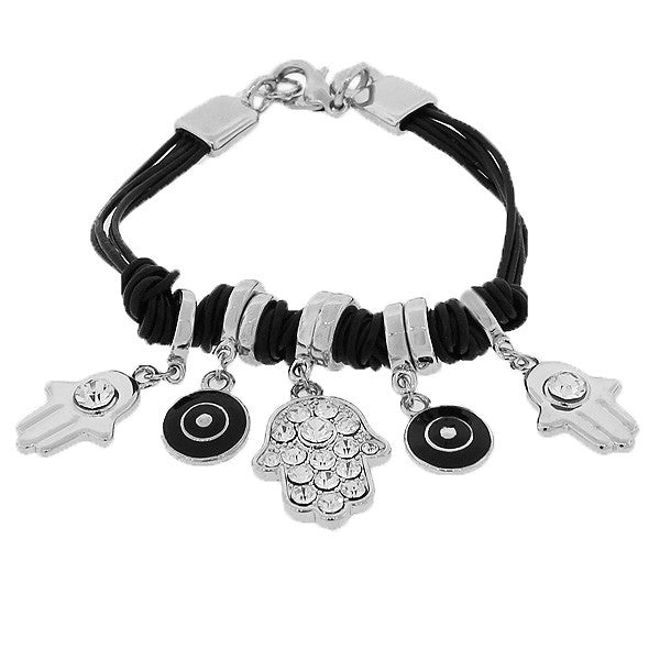 Fashion Alloy White CZ Silver-Tone Black Cord Evil Eye Hamsa Bracelet