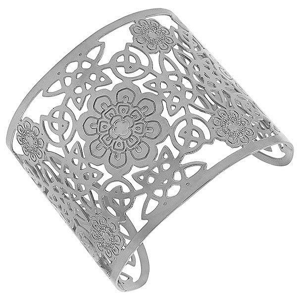 Stainless Steel Silver-Tone Cut-Out Design Wide Open End Cuff Bangle Bracelet
